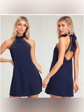 Lulus Women’s XS Navy Halter Neck Lace-Detail Mini Dress